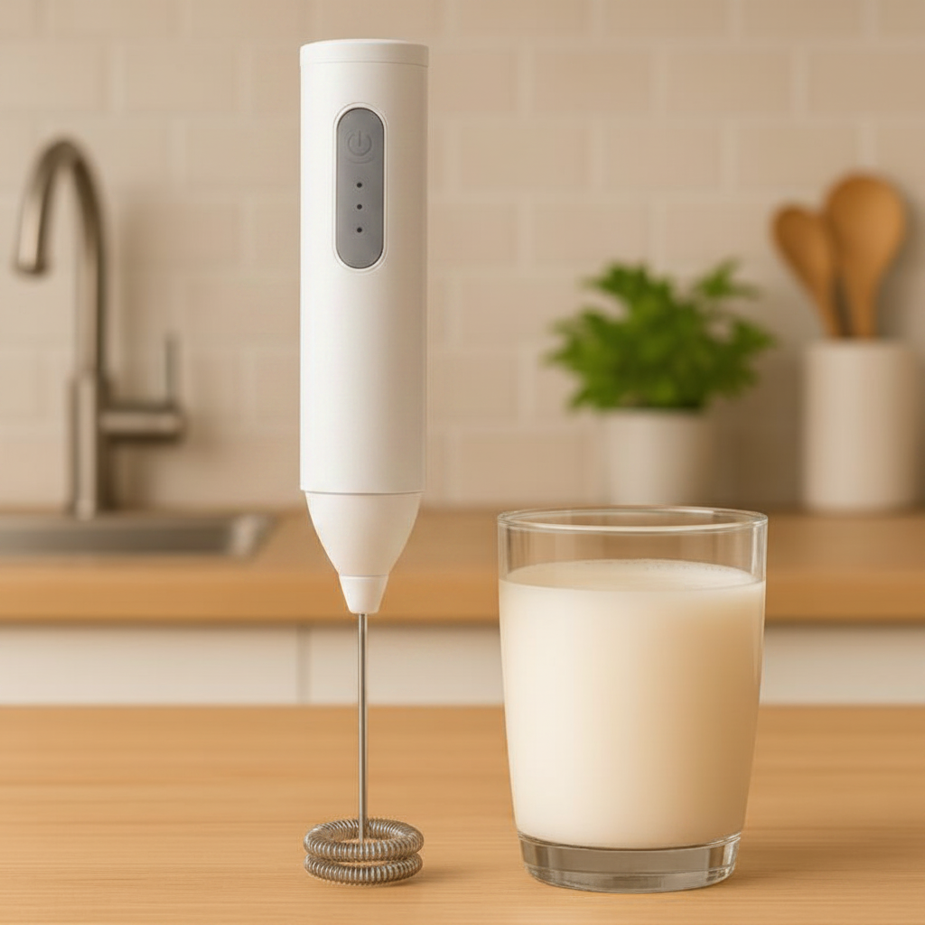 Mousseur à lait blanc à côté d'un verre de lait
