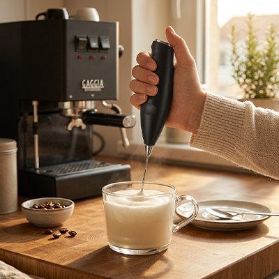 Mousseur a lait électrique dans une tasse de lait