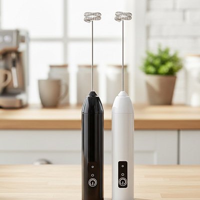 Mousseur a lait électrique noir et blanc dans une cuisine