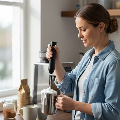 Mousseur a lait femme mousse crème dans un pot en acier