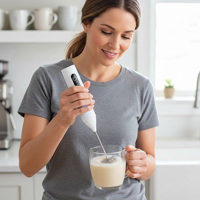 Mousseur a lait utilisé par une femme pour mousser sa boisson
