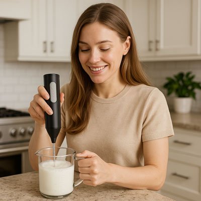 Mousseur a lait utilisé par une femme pour mousser le lait
